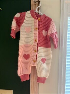 Hand-Knit Pink & Cream Heart Baby One-Piece Bodysuit